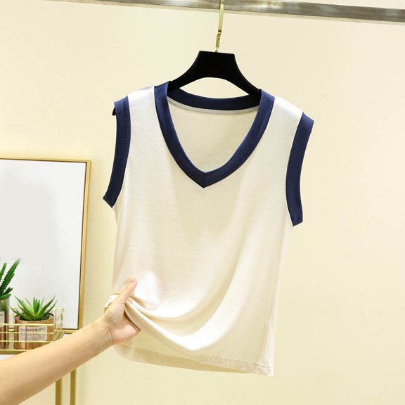 Fartey Colorblock Tank Tops for Women Elegant Ribbed V Neck Undershirts Loose Casual Summer Sleeveless Shirt Fashion Beach Vacation Tanks Navy M