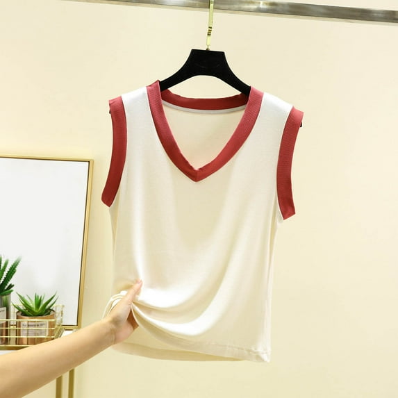 Fartey Colorblock Tank Tops for Women Elegant Ribbed V Neck Undershirts Loose Casual Summer Sleeveless Shirt Fashion Beach Vacation Tanks Red M