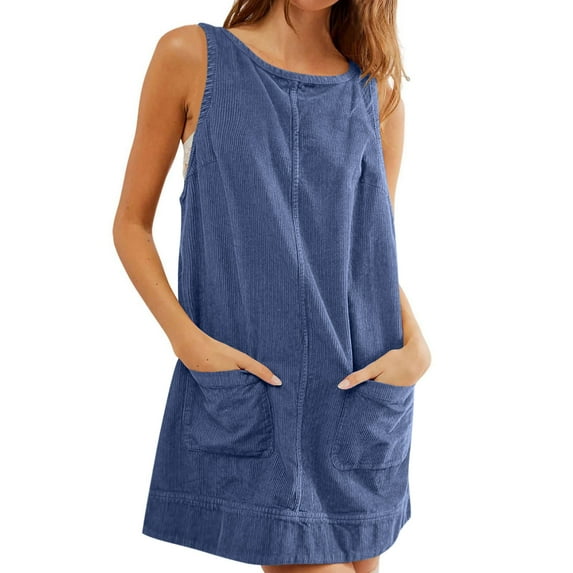 Fartey Corduroy Overall Dress for Women Trendy Summer Solid Color Backless Tank Dresses Casual Loose Sleeveless Scoop Neck Sun Dresses with Pockets Blue S-XL