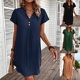 thumbnail image 1 of Fartey Cotton Linen Dresses for Women Casual Button V Neck Short Sleeve Mini Dress Fashion Solid Color Beach Sundress Navy L, 1 of 8