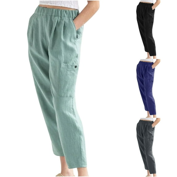 Fartey Cotton Linen Pants for Women Loose Casual Straight Leg Pants Elastic High Wasited Pants Dressy Work Trousers with Pockets Gray 2XL