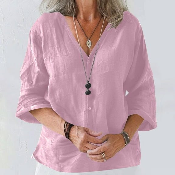 Fartey Cotton Linen Shirts for Women 2025 Dressy Casual Button Down V Neck Tops Loose Fit Summer Short Sleeve Tshirts Lightweight Breathable Vacation Blouses Pink S