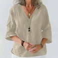 thumbnail image 1 of Fartey Cotton Linen Shirts for Women 2025 Dressy Casual Button Down V Neck Tops Loose Fit Summer Short Sleeve Tshirts Lightweight Breathable Vacation Blouses Khaki XL, 1 of 6