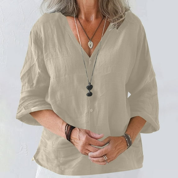 Fartey Cotton Linen Shirts for Women 2025 Dressy Casual Button Down V Neck Tops Loose Fit Summer Short Sleeve Tshirts Lightweight Breathable Vacation Blouses Khaki XL