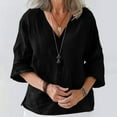 thumbnail image 1 of Fartey Cotton Linen Shirts for Women 2025 Dressy Casual Button Down V Neck Tops Loose Fit Summer Short Sleeve Tshirts Lightweight Breathable Vacation Blouses Black M, 1 of 6