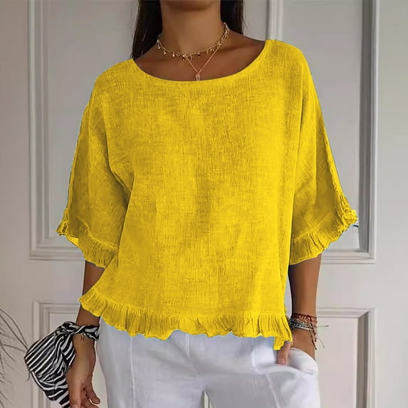 Fartey Cotton Linen Shirts for Women 2025 Summer 3/4 Length Sleeve Ruffled Hem Tops Casual Loose Crew Neck T Shirts Lightweight Breathable Solid Color Blouses Yellow S-2XL