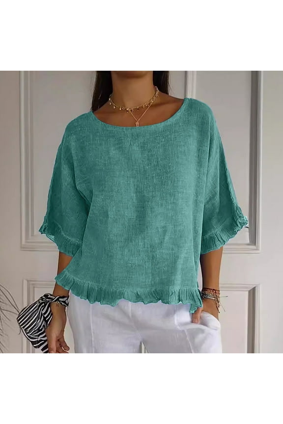 Cotton Linen Shirts for Women 2025 Summer 3/4 Length Sleeve Ruffled Hem Tops Casual Loose Crew Neck T Shirts Lightweight Breathable Solid Color Blouses Mint Green S-2XL