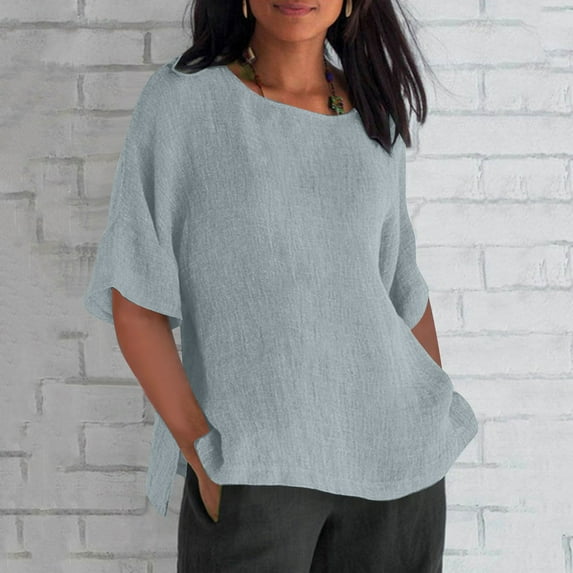 Fartey Cotton Linen Shirts for Women Plus Size 3/4 Sleeve Tops Loose Fit Summer Crew Neck T Shirts Casual Lightweight Solid Color Basic Blouses Gray XXXL