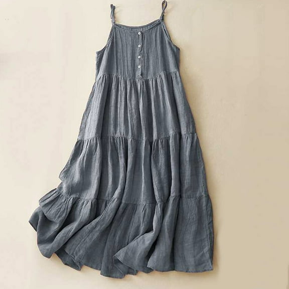 Fartey Cotton Linen Sundress for Women Casual Spaghetti Strap Button Tank Dresses Summer Sleeveless Tiered Swing Dress Loose Flowy Ruffle Beach Sundresses Blue M-2XL