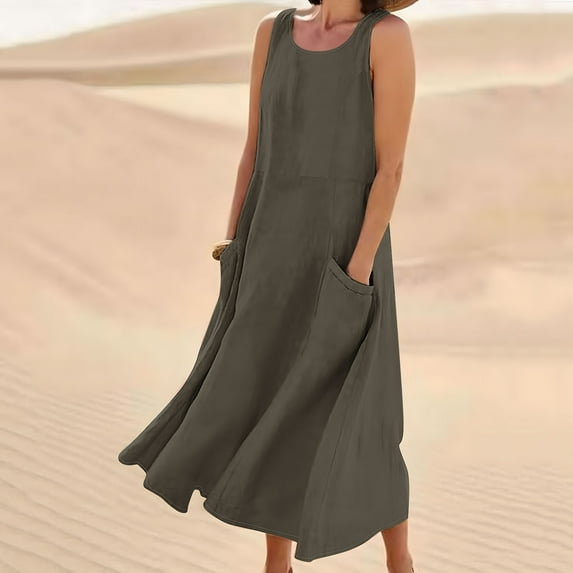 Fartey Cotton Linen Sundresses for Women Casual Loose Sleeveless Tank Dress Solid Color Maxi Dress Loose Comfy Beach Vacation Dresses Dark Gray L