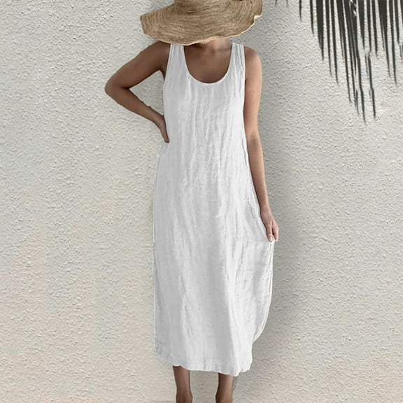 Fartey Cotton Linen Tank Dress for Women Summer Sleeveless Crew Neck Maxi Dresses Loose Flowy Solid Color Swing Dress Casual Beach Sundress White S-3XL