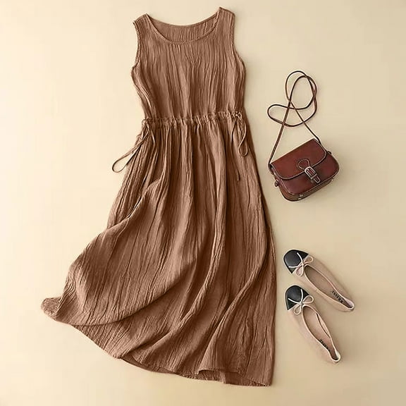 Fartey Cotton Linen Tank Dresses for Women 2025 Casual Summer Sleeveless Dress Loose Fit Crew Neck Pleated Dresses with Drawstring Solid Color Beach Sundress Khaki M-2XL
