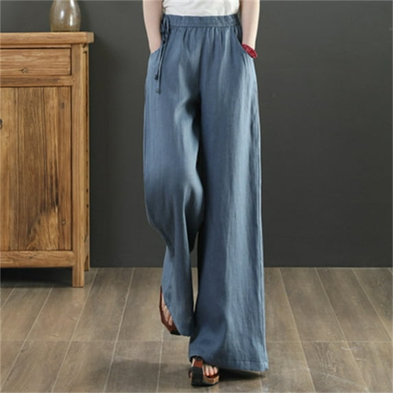 Fartey Cotton Linen Wide Leg Pants for Women Elastic High Waist Drawstring Casual Trousers Summer Solid Color Outdoor Beach Palazzo Pants with Pockets