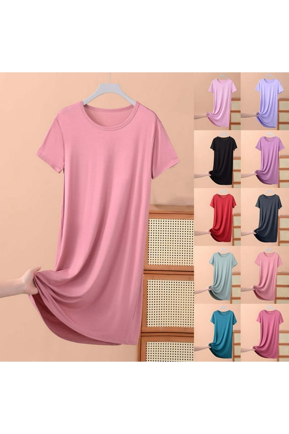 Crew Neck Nightgowns for Women Plus Size Solid Color Short Sleeve Nightshirts Soft Comfy Casual Sleepwear Loose FIt Daily Nightdress Purple 2XL