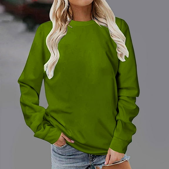 Fartey Crew Neck Sweatshirts for Women Fall Fashion Long Sleeve Slim Shirts Basic Solid Color Pullover Tops Soft Comfy Fall Sweatshirts Army Green S