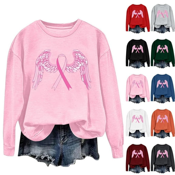 Fartey Crewneck Sweatshirt Women Breast Cancer Awareness Sweatshirt Loose Casual Long Sleeve Pullover Cancer Survivor Tops Blue 2XL
