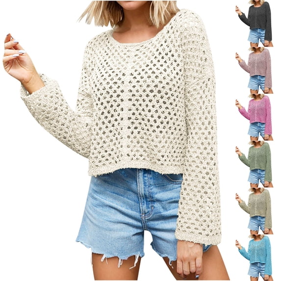 Fartey Crochet Knit Crop Sweaters for Women Loose Casual Cropped Hollow Out Sweater Solid Color Long Sleeve Crew Neck Pullover Tops Green M
