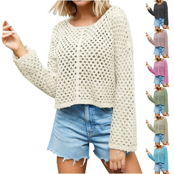Fartey Crochet Knit Crop Sweaters for Women Loose Casual Cropped Hollow Out Sweater Solid Color Long Sleeve Crew Neck Pullover Tops Hot Pink XL