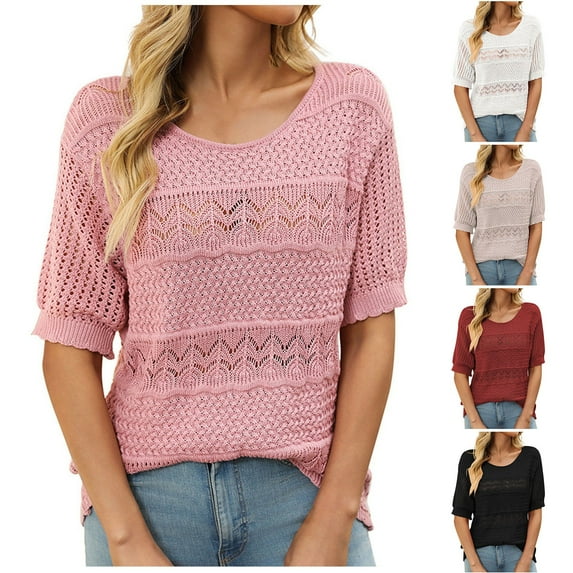 Fartey Crochet Tops for Women Soft Lightweight Hollow Out Sweater Loose Fit Short Sleeve Crew Neck Pullover Sweaters Fall Casual Knitwear Pink L