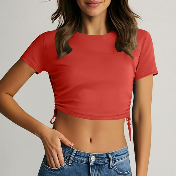 Fartey Crop Tops for Women Soft Comfy Crewneck Short Sleeve Shirts Slim Fit Summer T Shirts Solid Color Tees Y2k 2025 Trendy Blouses Red L