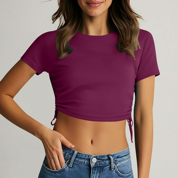 Fartey Crop Tops for Women Soft Comfy Crewneck Short Sleeve Shirts Slim Fit Summer T Shirts Solid Color Tees Y2k 2025 Trendy Blouses Wine L