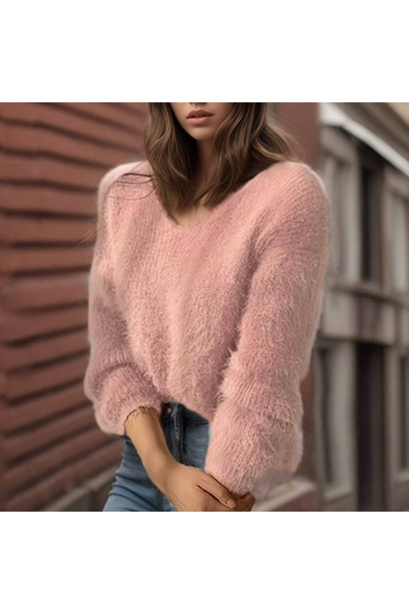 Cropped Fuzzy Sweaters for Women Elegant V Neck Pullover Knit Sweater Fall Winter Warm Long Sleeve Sweater Fashion Solid Color Sweaters