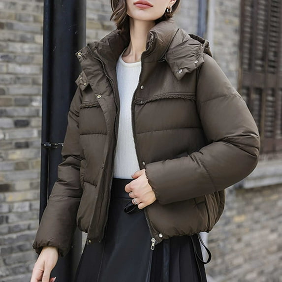 Fartey Cropped Puffer Jacket for Women Plus Size Winter Long Sleeve Coats Warm Hooded Quilted Coat Full Zip Up Down Coat with Pockets
