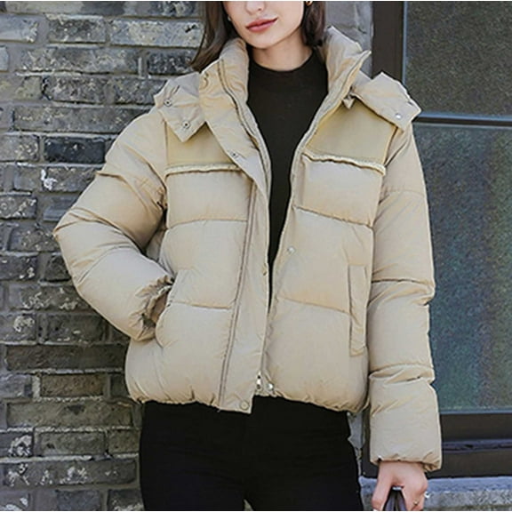 Fartey Cropped Puffer Jacket for Women Plus Size Winter Long Sleeve Coats Warm Hooded Quilted Coat Full Zip Up Down Coat with Pockets