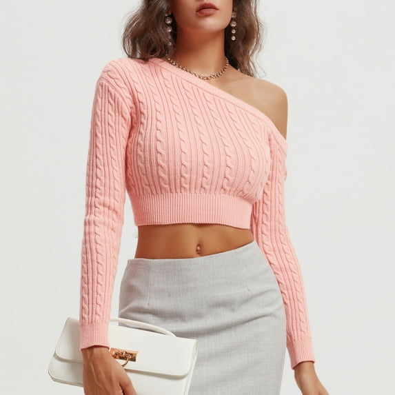 Fartey Cropped Sweater for Women One Shoulder Pullover Tops Fall Asymmetrical Neck Crop Sweater Slim Fit Solid Color Cable Knit Sweaters
