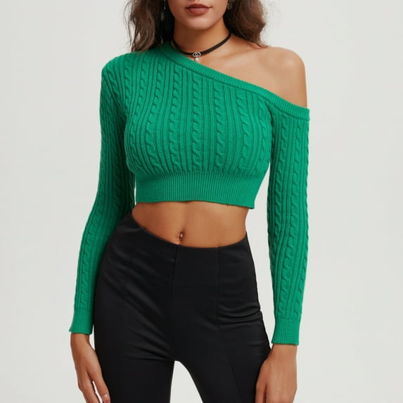 Fartey Cropped Sweater for Women One Shoulder Pullover Tops Fall Asymmetrical Neck Crop Sweater Slim Fit Solid Color Cable Knit Sweaters