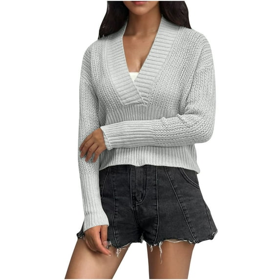 Fartey Cropped Sweaters for Women Deep V Neck Long Sleeve Ribbed Knit Pullover Sweater Fashion Simple Fall Solid Color Sweaters