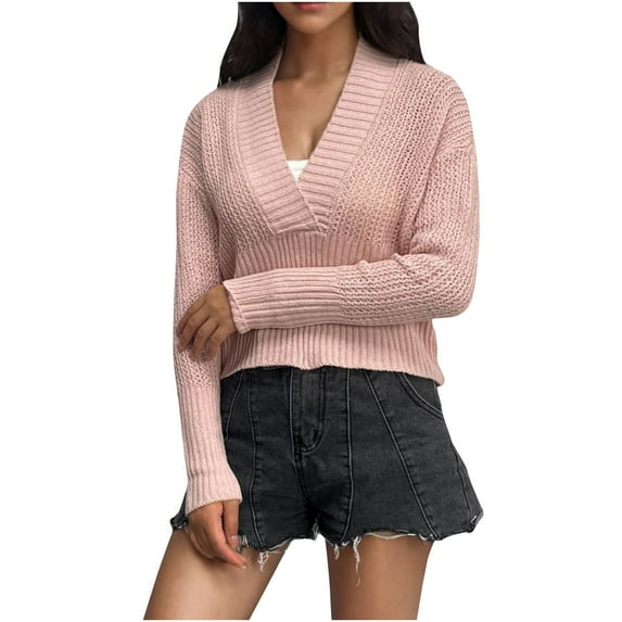 Fartey Cropped Sweaters for Women Deep V Neck Long Sleeve Ribbed Knit Pullover Sweater Fashion Simple Fall Solid Color Sweaters