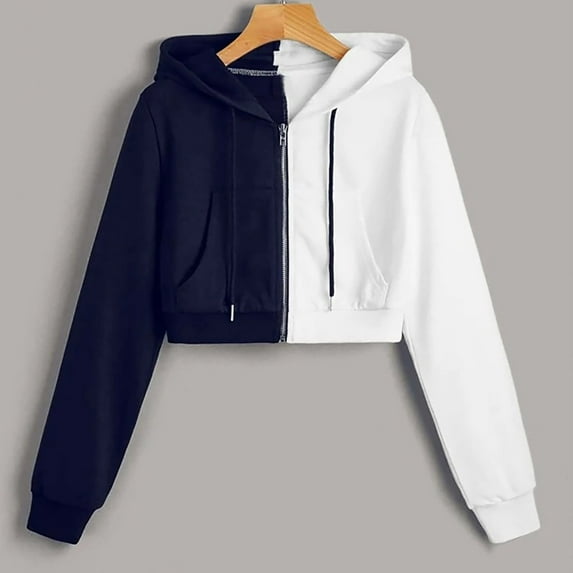 Fartey Cropped Zip Up Hoodies for Women Trendy Color Block Pockets Long Sleeve Hooded Sweatshirt Lightweight Crop Sweatshirt Jackets Navy M