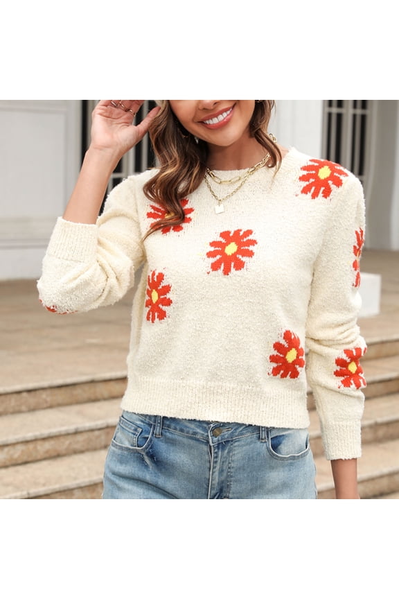 Cute Daisy Print Sweaters for Women Fall Winter Fuzzy Mock Neck Pullover Tops Slim Fit Long Sleeve Sweaters on Clearance