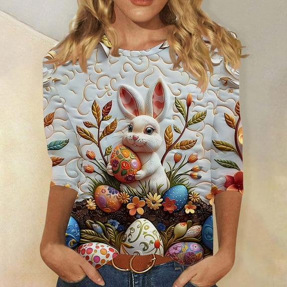 Fartey Cute Eggs Bunny Print Shirts for Women Dressy Casual Easter Day Crew Neck T Shirts Slim Fit 3/4 Sleeve Tunic Tops Soft Stretchy Holiday Tshirt Multicolor S-3XL