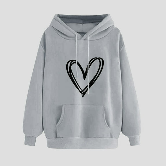 Fartey Cute Heart Hoodies for Women 2024 Oversized Long Sleeve Drawstring Sweatshirt Dressy Casual Fall Y2K Hooded Pullover with Pockets Gray 2XL