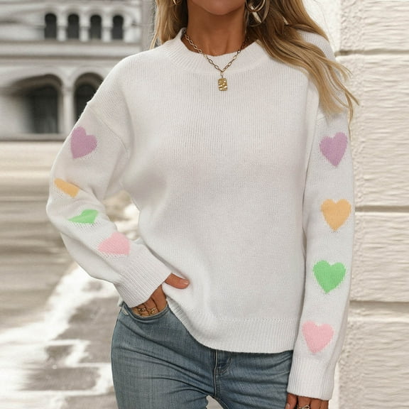 Fartey Cute Heart Print Sweater for Women Oversized Long Sleeve Crewneck Pullover Sweaters Soft Comfy Drop Shoulder Knit Sweater 2024