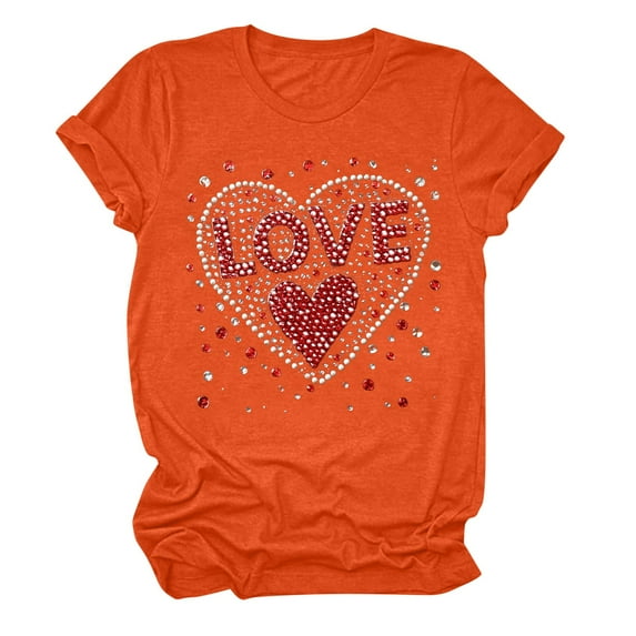 Fartey Cute Love Heart Print T Shirts for Women Dressy Casual Summer Short Sleeve Crew Neck Tops Funny Graphic Tees Fashion Valentine's Day Blouses 2025 Orange S