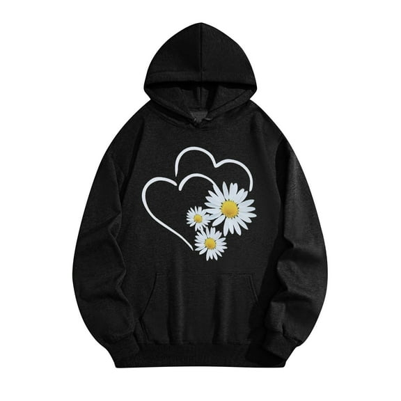 Fartey Cute Oversized Hoodies for Women Floral Print Hooded Sweatshirts Loose Casual Long Sleeve Fleece Pullover Tops Fall Winter Hoodie with Pockets Black 2XL