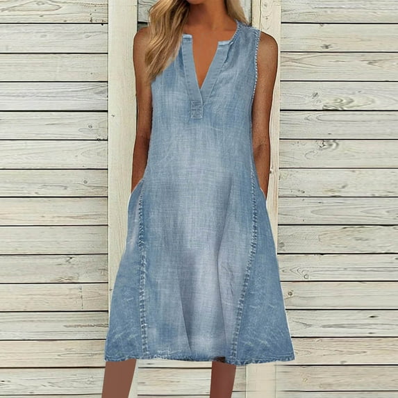 Fartey Denim Maxi Dress for Women Casual Loose Button Up V Neck Tank Dresses with Pockets Summer Solid Color Sleeveless Jean Sundress Blue S-3XL