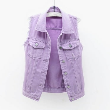 Fartey Denim Vest Jackets for Women Short Sleeveless Jean Vest Dressy Casual Button Down Slim Jacket Trendy Solid Color Frayed Jacket with Pockets