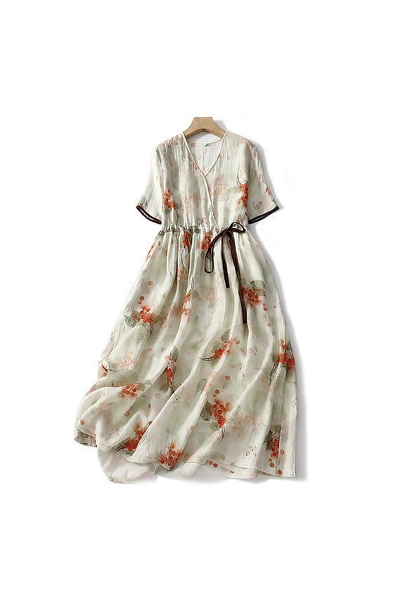 Dresses for Women 2025 Elegant V Neck Cotton Linen Midi Dress Lace-Up Boho Floral Print Short Sleeve Dress Summer Casual Breathable Beach Vacation Sun Dress