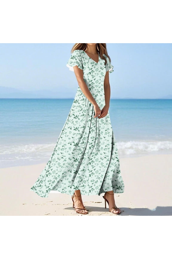 Easter Dresses for Women Flowy Ruffle Short Sleeve Swing Dress Floral Print V Neck Maxi Dresses Loose Casual Beach Vacation Sundress Multicolor L