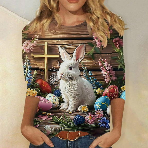 Fartey Easter Shirts for Women 2025 Dressy Casual Crewneck T Shirts Cute Bunny Eggs Graphic Tees Slim Fit 3/4 Sleeve Tunic Tops Soft Comfy Holiday Tshirt Multicolor S-3XL