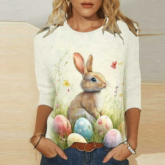 Fartey Easter Shirts for Women 2025 Plus Size 3/4 Sleeve Tunic Tops Soft Comfy Summer Crew Neck T Shirts Fashion Cute Eggs Bunny Graphic Tees Multicolor S-5XL