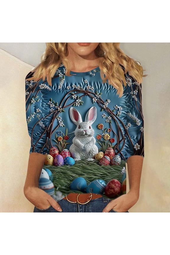 Easter Shirts for Women Trendy Funny Eggs Bunny Graphic Tees Slim Fit 3/4 Sleeve Tunic Tops Soft Breathable Spring Summer Crewneck T Shirts Fashion Cute Holiday Tops Multicolor S-3XL