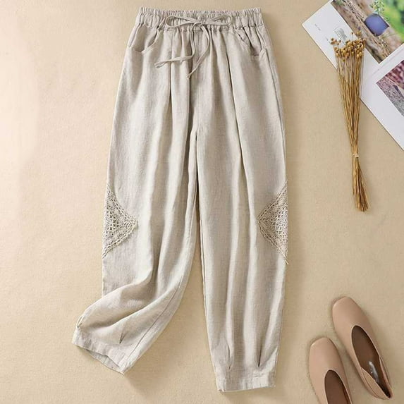 Fartey Embroidery Cotton Linen Harlen Pants for Women Drawstring Elastic Waist Wide Leg Pants Summer Solid Color Baggy Tapered Trousers with Pockets,Beige,M-2XL