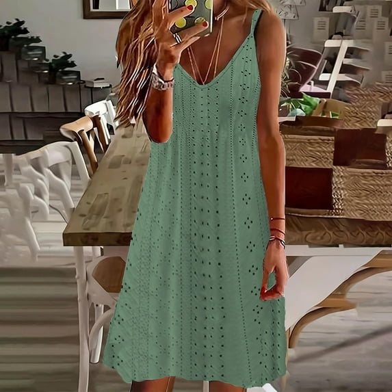 Fartey Eyelet Embroidery Midi Dress for Women Summer Spaghetti Strap V Neck Tunic Dress Solid Color Sleeveless Tank Dress Loose Breathable Beach Sundress Green S-2XL
