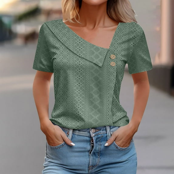 Fartey Eyelet Tops for Women Trendy Dressy Short Sleeve Blouses Asymmetric V Neck Button Shirts Slim Fit Summer Tunic Tops Business Casual Work T Shirts Army Green M