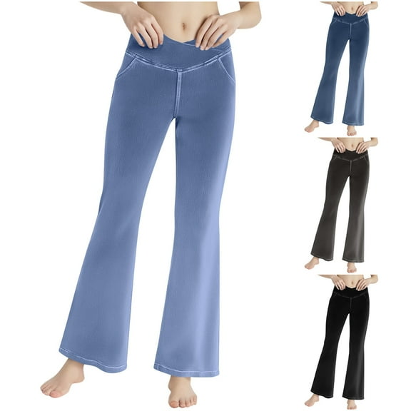 Fartey Fake Jeans Leggings for Women Plus Size Stretchy Bell Bottom High Cross Waisted Tummy Control Bootcut Pants with Pockets Blue 2XL